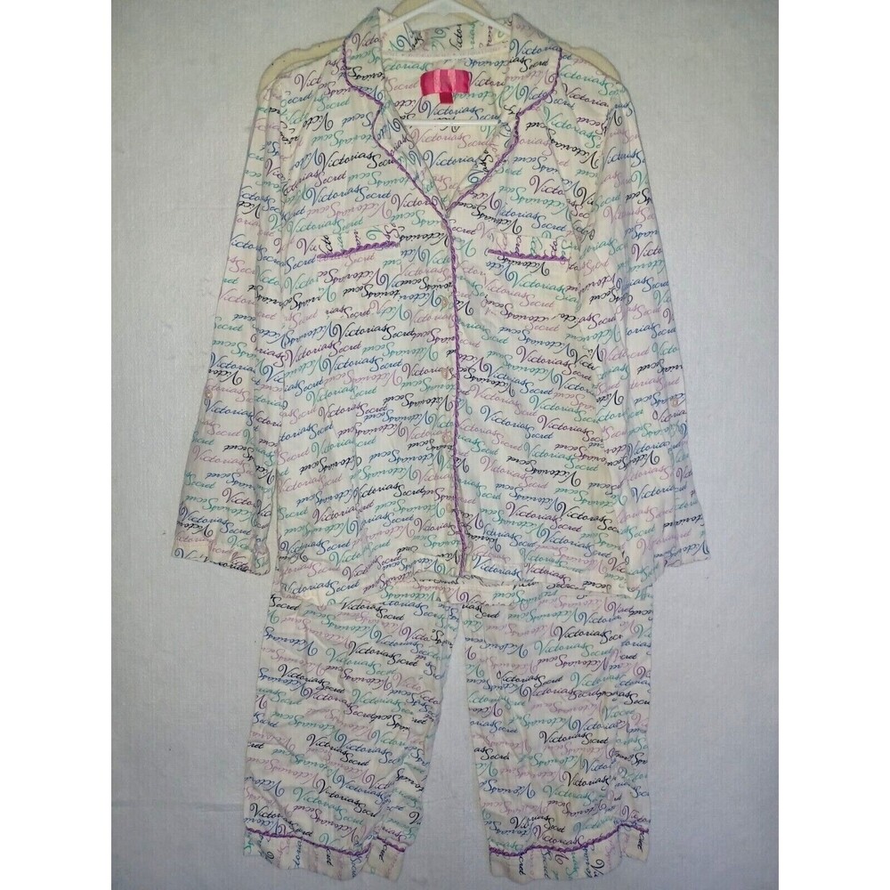 Victoria's Secret Pajama Set S flannel 100% cotton white logo women's 2 pc vtg